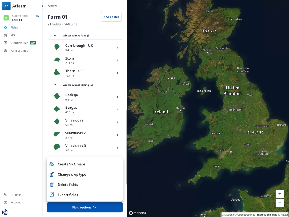 YaraPlus app screen with fields import from John Deere Operation Center